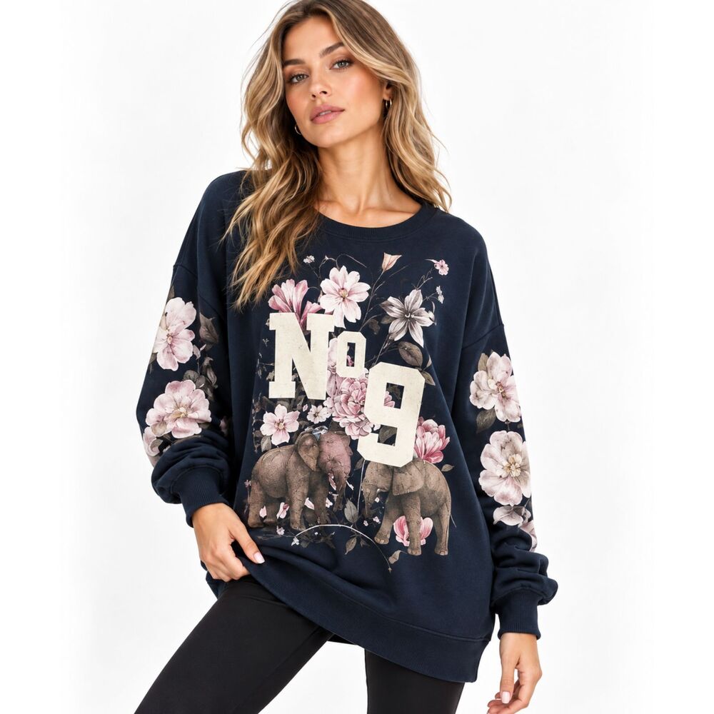 Wildfox Womens Rare England Collage Graphic Sweatshirt Navy Oversized Floral Y2K